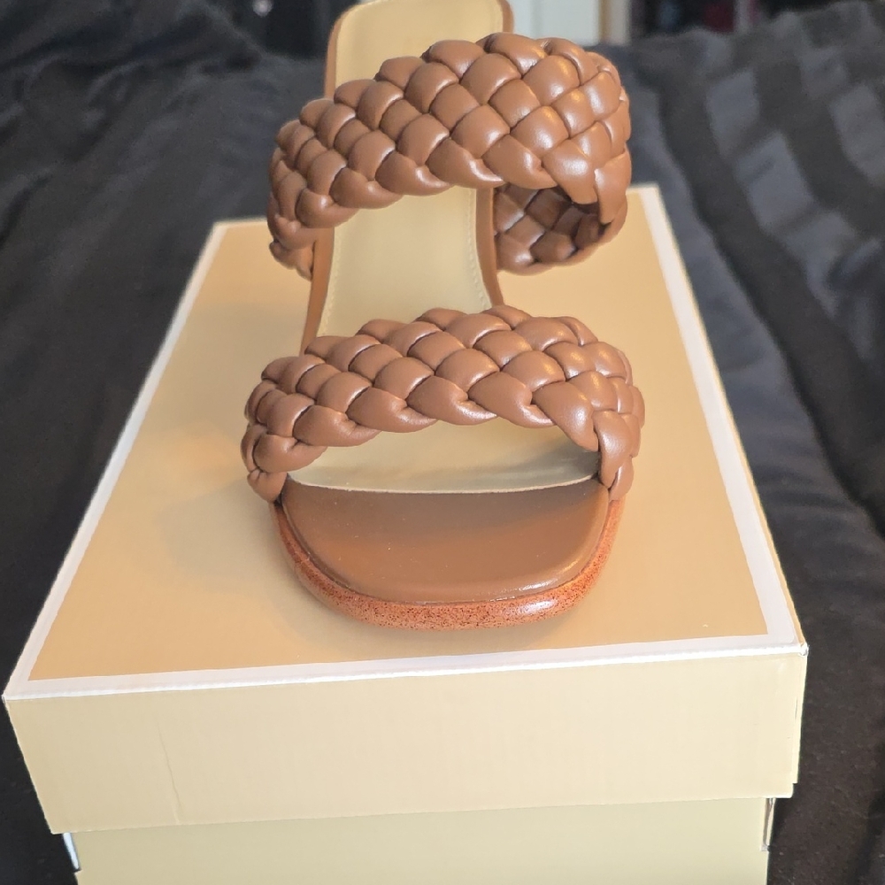 Michael Kors Tan Braided Leather Double-Strap Slide Sandals